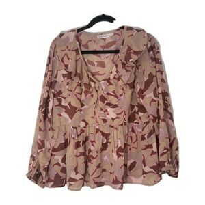 Roller Rabbit NWOT V-neck Ruffle Peplum Baloon Sleeve Top Size M Viscose